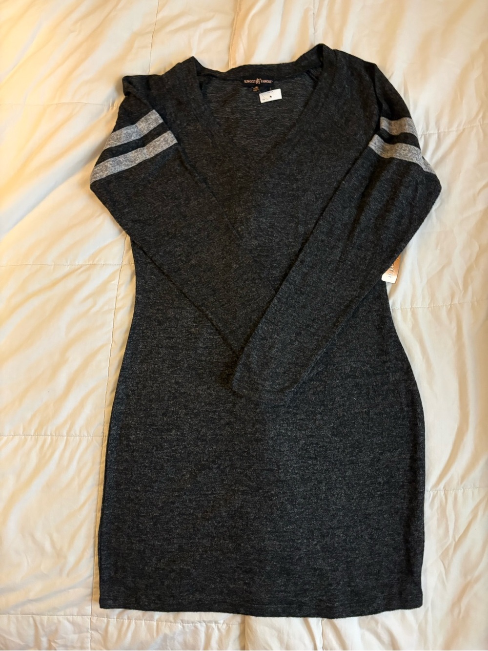 Charcoal V-Neck Long Sleeve Sweater Dress with Striped Sleeves - Picture 2 of 5